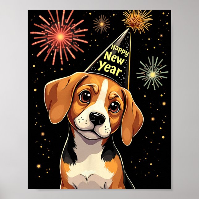Poster Happy New Year 2025 Eve Firework Dog Funny Beagle  (Devant)