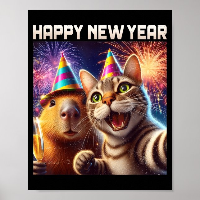 Poster Happy New Year 2026 Cute Cat Capybara Party Art  (Devant)