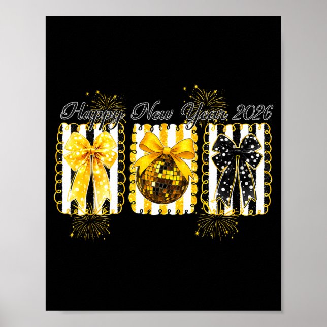 Poster Happy New Year 2026 Disco Ball Gold Coquette Bow F (Devant)