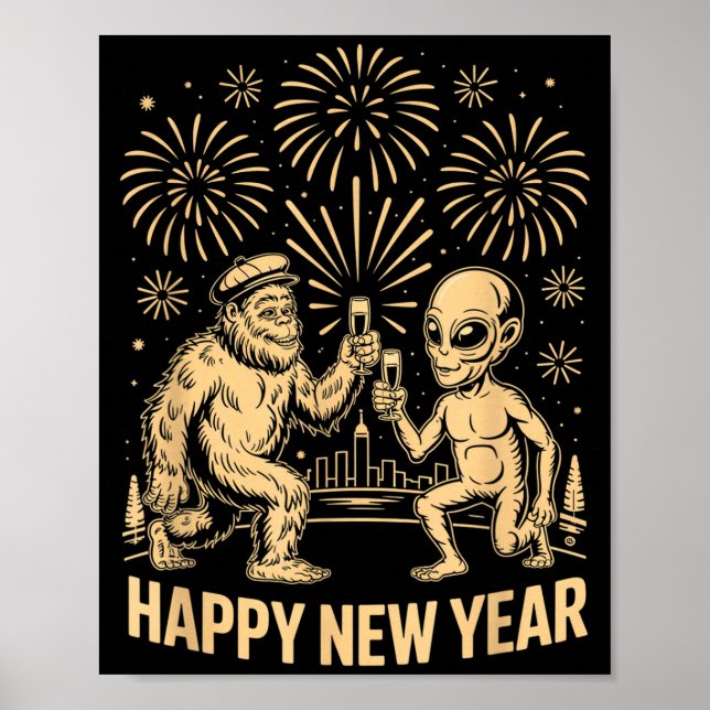 Poster Happy New Year 2026 Funny Bigfoot And Alien Lovers (Devant)