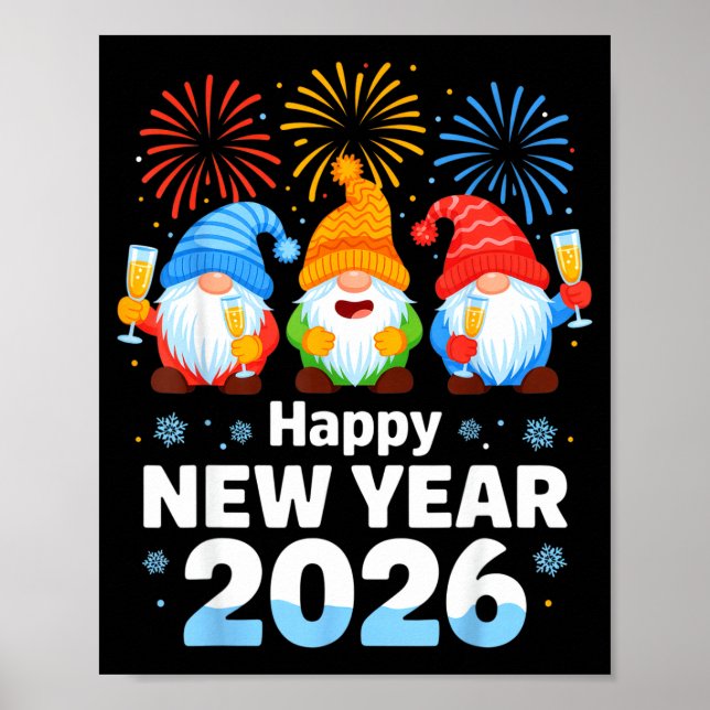 Poster Happy New Year 2026 Gnome With Fireworks And Champ (Devant)