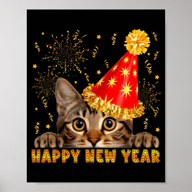 Poster Happy New Year Cat Party Hat New Years Eve Party 2 (Devant)