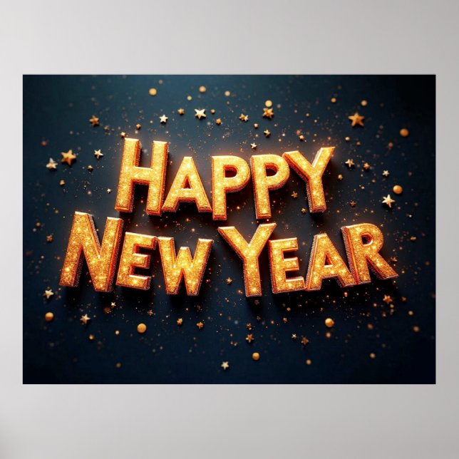 Poster Happy New Year, elegant black and gold, (Devant)