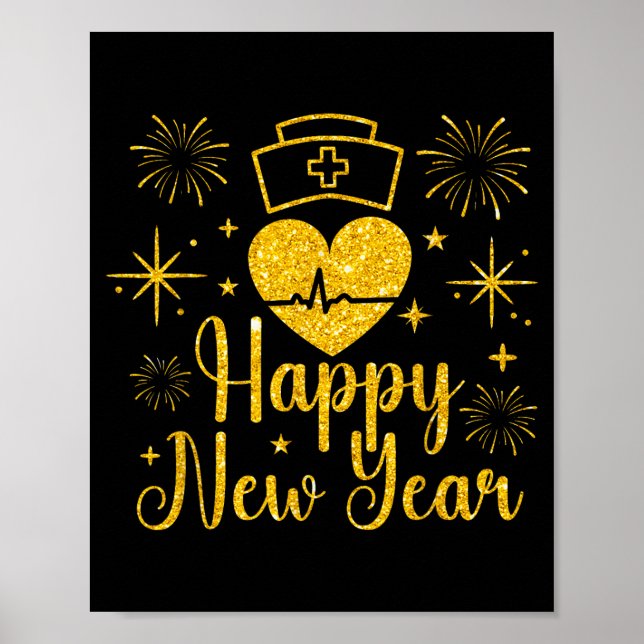 Poster Happy New Year Nurses Heartbeat Fireworks New Year (Devant)