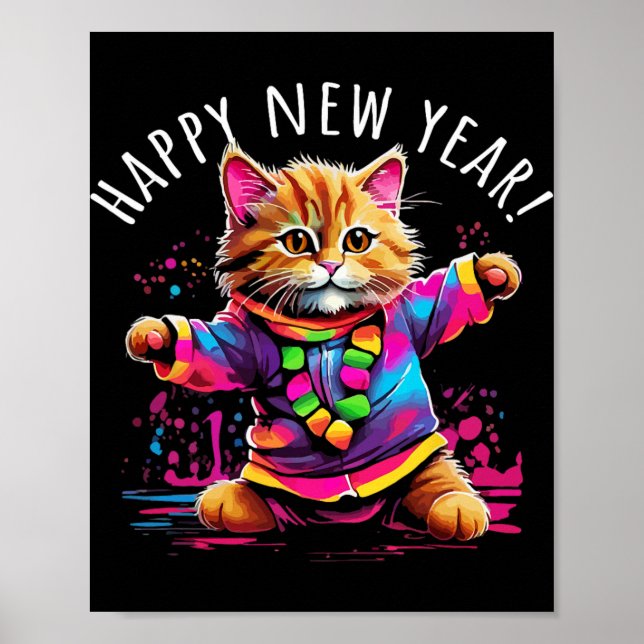 Poster Happy New Year Party Dancing Cat Design  (Devant)