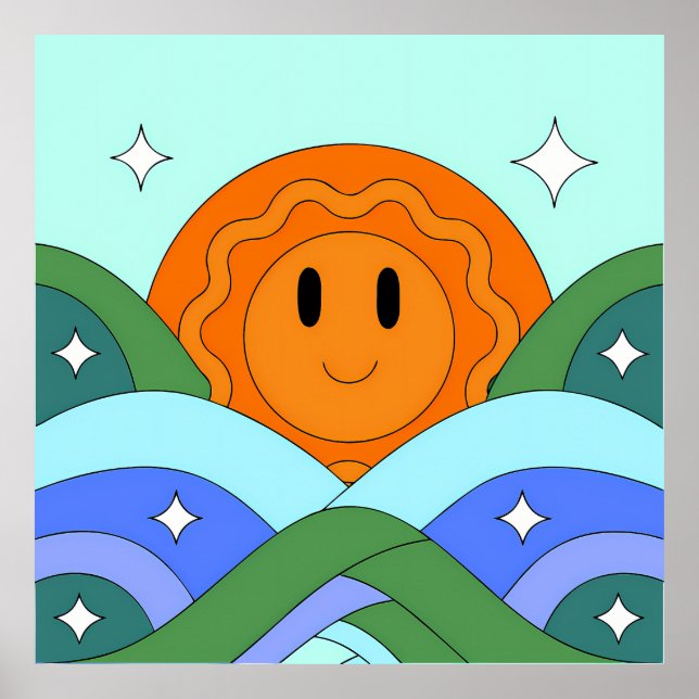 Poster Happy Retro Sun Over Rolling Hills (Devant)