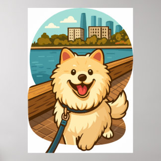 Poster Happy Samoyed Walk by the City Waterfront