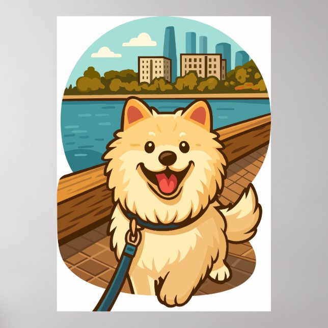 Poster Happy Samoyed Walk by the City Waterfront (Devant)