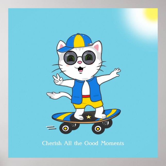 Poster Happy Skater Cat habillé en bleu et jaune. (Devant)