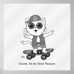 Poster Happy Skater Chat sur les tons gris argent