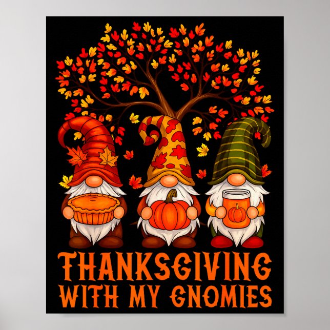 Poster Happy Thanksgiving Cute Gnomes Pumpkin Autumn Leav (Devant)