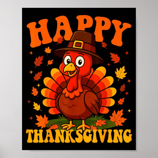 Poster Happy Thanksgiving Cute Turkey Family Dinner Thank (Devant)