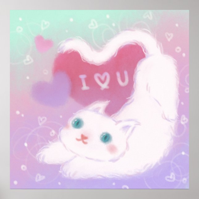 Poster Happy Valentine's Day with Fluffy White Cat (Devant)