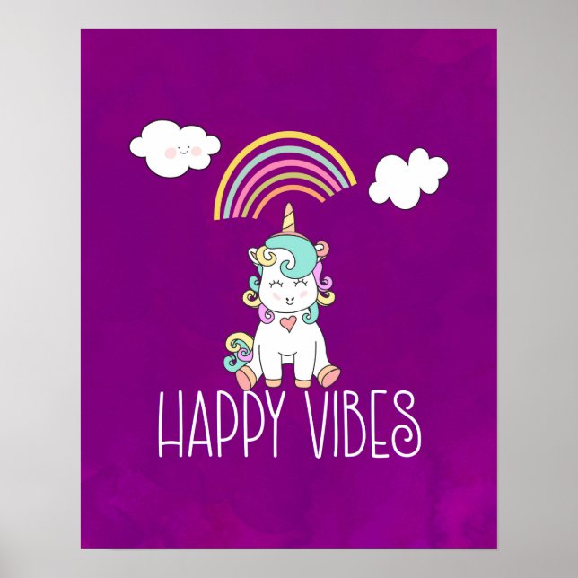 Poster Happy Vibes Typographie mignonne souriant Unicorn (Devant)