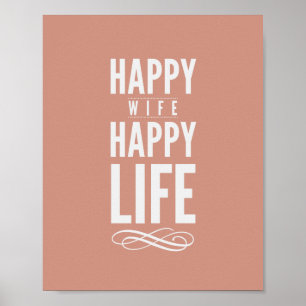 Poster Happy Wife Happy Life Citation Imprimer en Saumon