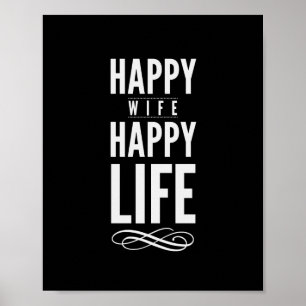 Poster Happy Wife Happy Life Citation Imprimer noir et bl