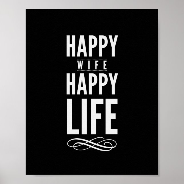 Poster Happy Wife Happy Life Citation Imprimer noir et bl (Devant)