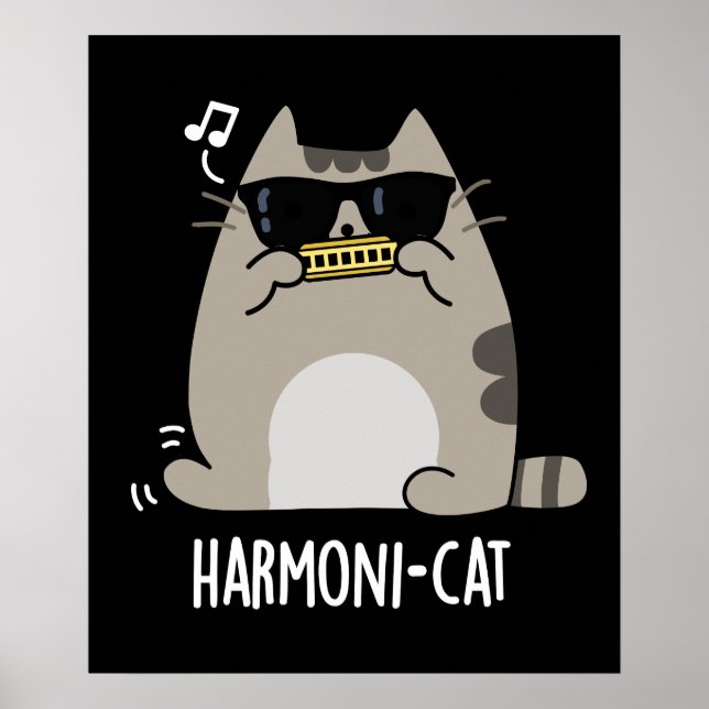 Poster Harmoni cat Funny Harmonica Cat Pun Dark BG (Devant)