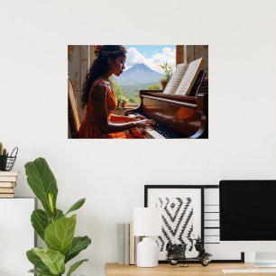 Poster Harmonie florale - Femme à Piano avec vue sur la n