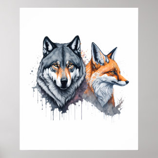 Poster Harmonie sauvage : aquarelle Loup et renard