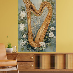 Poster harpe ornementale entourée de fleurs blanches
