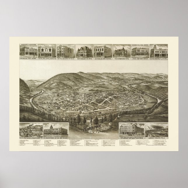 Poster Harriman, TN Carte panoramique - 1892 (Devant)