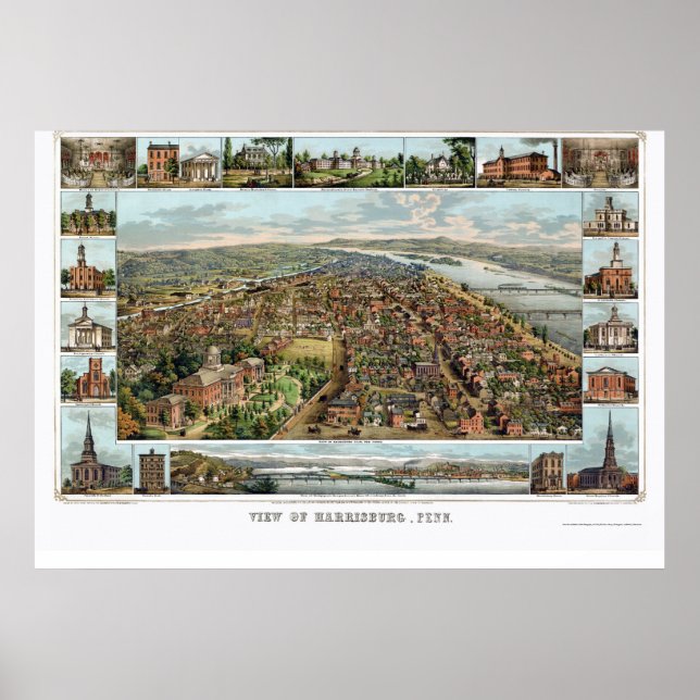 Poster Harrisburg, PA Carte panoramique - 1855 (Devant)