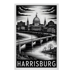 Poster Harrisburg Pennsylvanie Skyline Noir Blanc Gravure