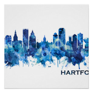 Poster Hartford Connecticut Skyline Blue
