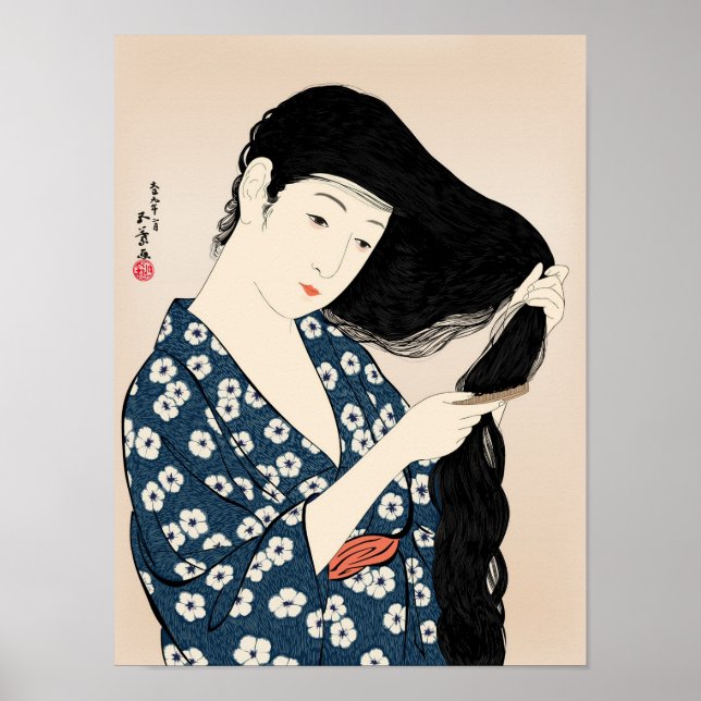 Poster Hashiguchi Goyo - Une femme en bleu qui monte ses  (Devant)