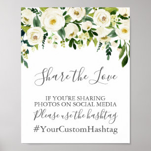 Poster Hashtag Mariage vert Fleur blanche Signer Partager