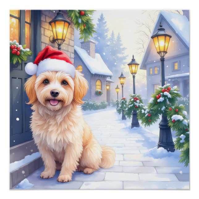 Poster Havanese Snowy Village Walk Santa Hat Christmas (Devant)