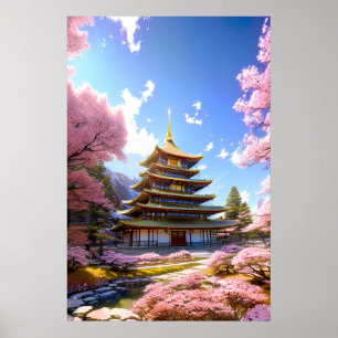 Poster Havre floral, Temple japonais