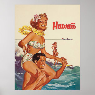 Poster Hawaii, couple heureux de surf, voyage vintage