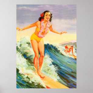 Poster Hawaii, fille de surfer hawaïenne sur une grande v