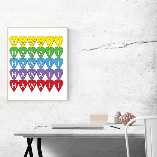 Poster Hawaii Hearts Rainbow (A poster that says Hawaii with yellow, green, blue, purple and red hearts)