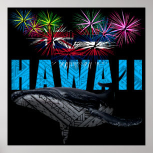 POSTER HAWAII NYE TRIBAL POLYNÉSIEN HUMPBACK FEU
