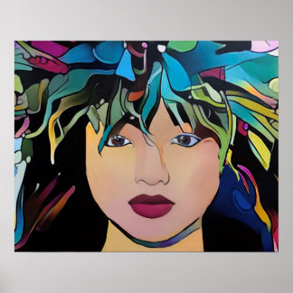 Poster Hawaiian Woman avec robe de tête florale Imprimer