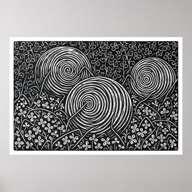 Poster Hay Bales And Clover Large Linocut Print (Devant)