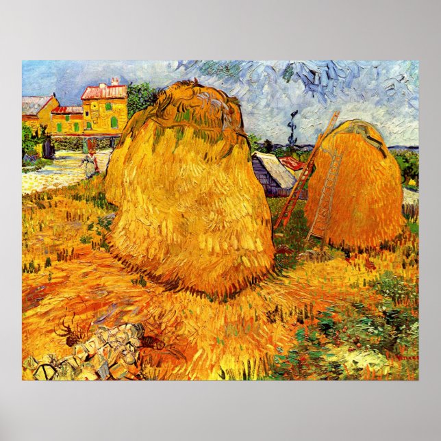 Poster Haystacks en Provence par Vincent van Gogh (Devant)