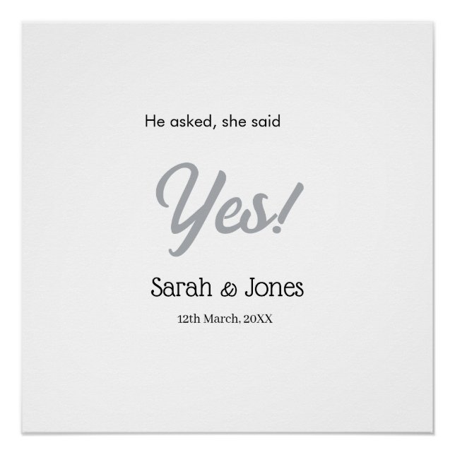 Poster He asked she said yes engagement simple silver dat (Devant)