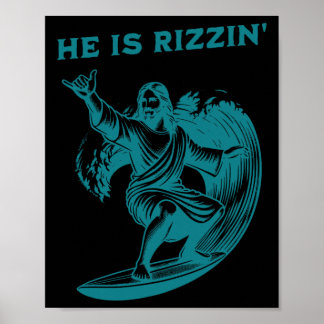 Poster He Is Rizzin Jesus Surfing Funny Retro Easter Vint