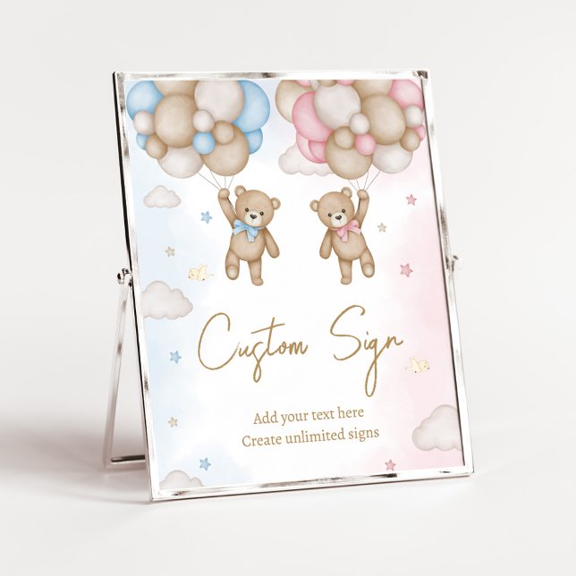 Poster He or She Bear Gender Reveal Sign (Bear Balloon He or She Gender Reveal Custom Sign)
