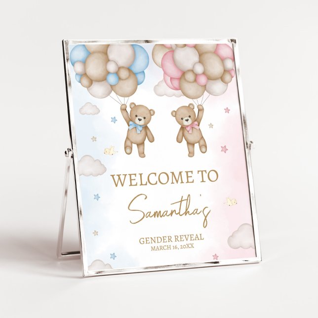 Poster He or She Bear Gender Reveal Welcome Sign (Bear Balloon He or She Gender Reveal Welcome Sign)