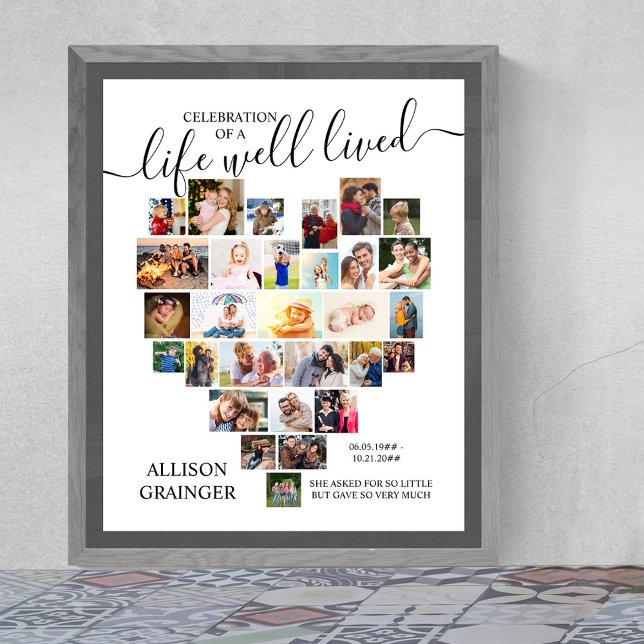 Poster Heart Photo Collage Vie Bien Vécu Funérailles Pers (Funeral memorial poster to order professionally printed or as a printable digital download)