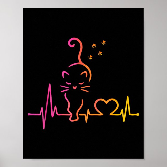 Poster Heartbeat Cat Lover Animal Silhouette Cute Cat  (Devant)