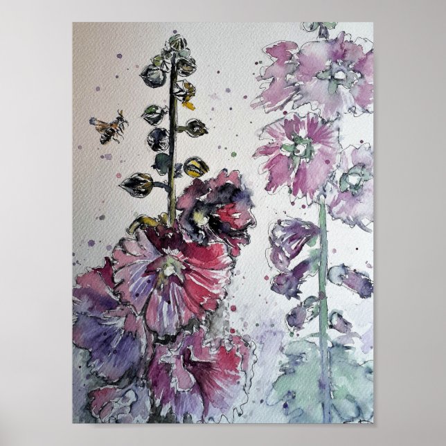 Poster Heavenly Hollyhocks aquarelle peinture (Devant)