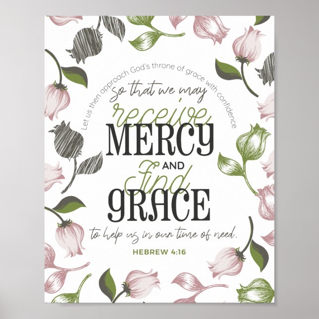 Poster Hébreu 4:16 citations avec art floral blanc ver (Devant)