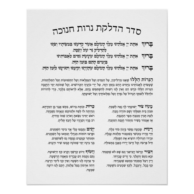 Poster Hébreu Hadlakat Nerot Chanukah - Bénédiction Menor (Devant)