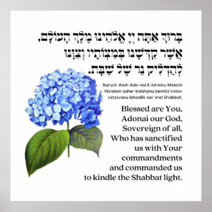 Poster Hebrew Blessing for Shabbat Candles Hydrangea